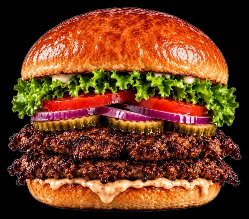 Smash Burger Stock Spec mit Salat, Tomaten, roten Zwiebeln und Pickles