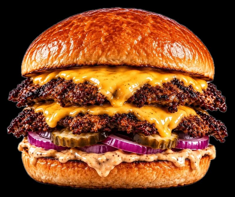 Smash Burger Stage 1 mit geschmolzenem Cheddar, Pickles und roten Zwiebeln