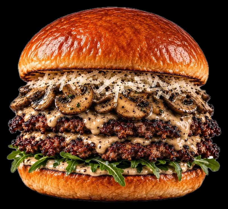 Smash Burger Truffle Tune mit gebratenen Champignons, Parmesan und Rucola