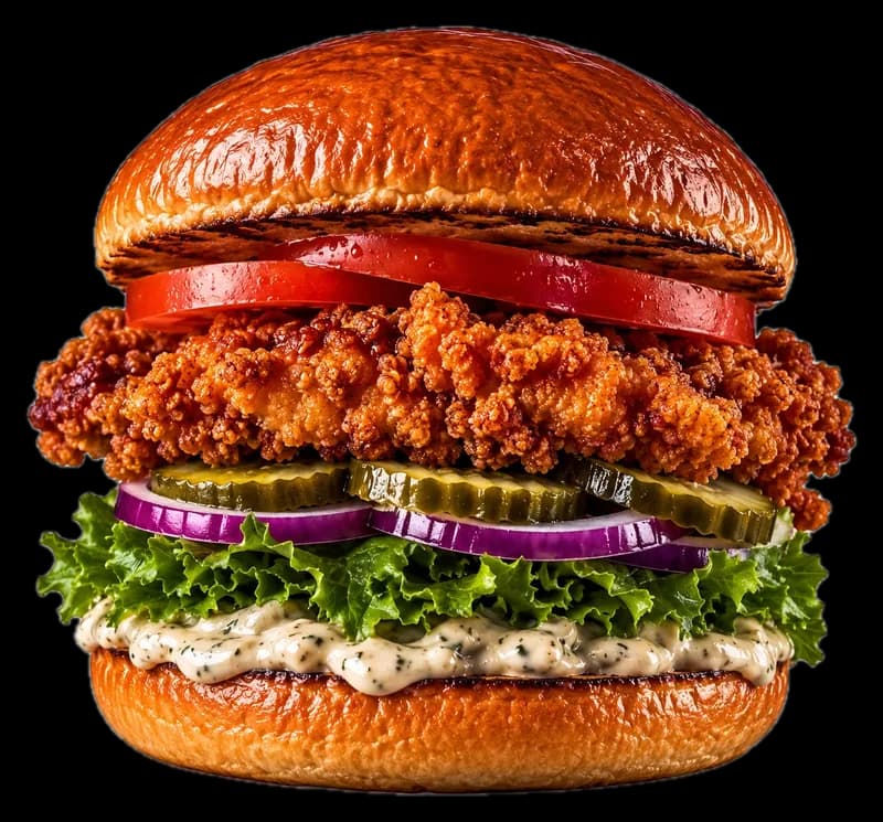 Drift Chicken Burger mit knusprigem Chicken, Tomaten, Pickles und Salat
