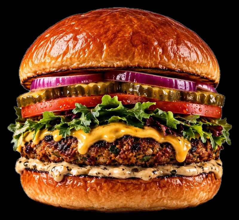 Eco Mode Burger mit pflanzlichem Patty, Salat, Tomaten und roten Zwiebeln