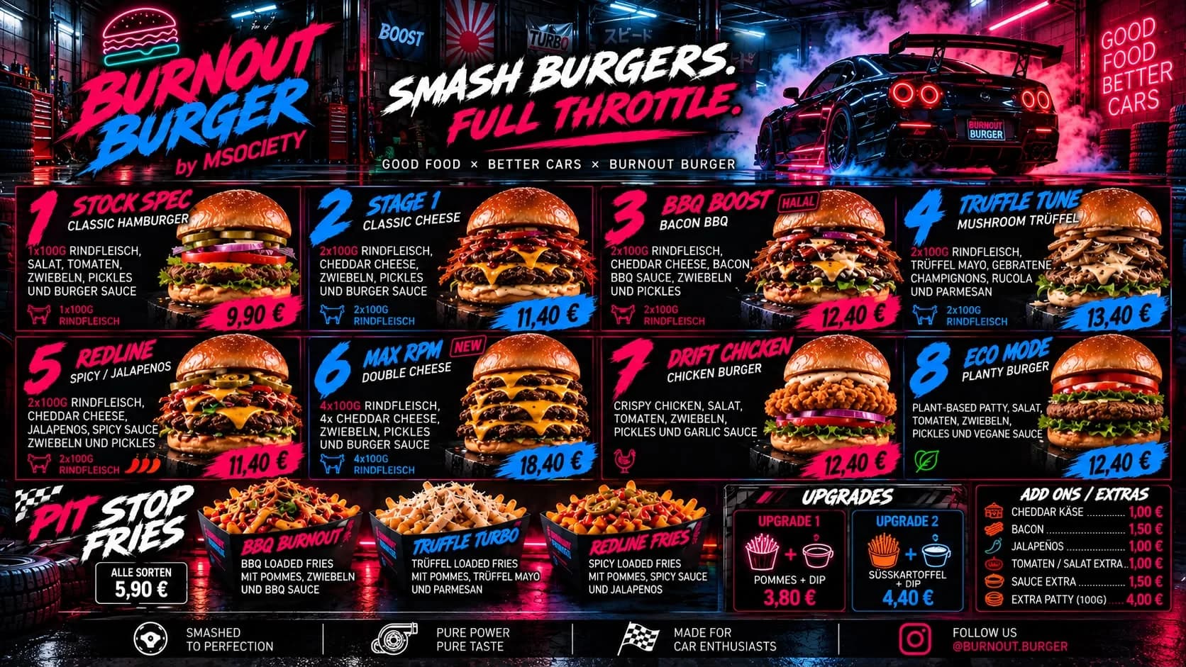 Gedruckte Speisekarte Burnout Burger mit acht Smash Burgern, Pit Stop Fries, Upgrades und Add-ons