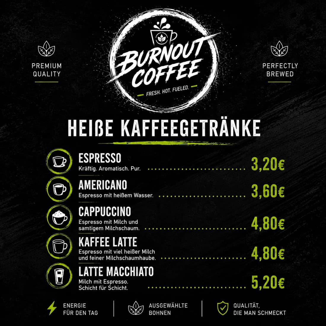Gedruckte Karte Burnout Coffee mit fünf heißen Kaffeegetränken