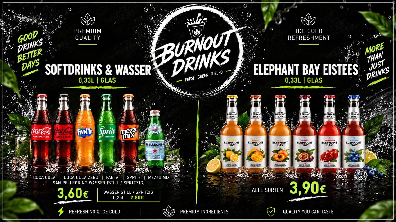 Gedruckte Karte Burnout Drinks mit Softdrinks, Wasser und Elephant Bay Eistees