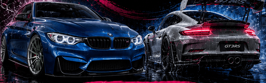 Blauer BMW M4 und silberner Porsche GT3 RS frisch gewaschen im Neonlicht