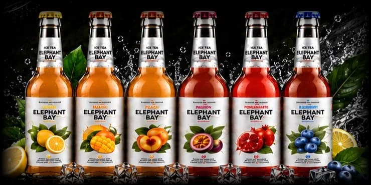 Sechs Sorten Elephant Bay Eistee in Glasflaschen