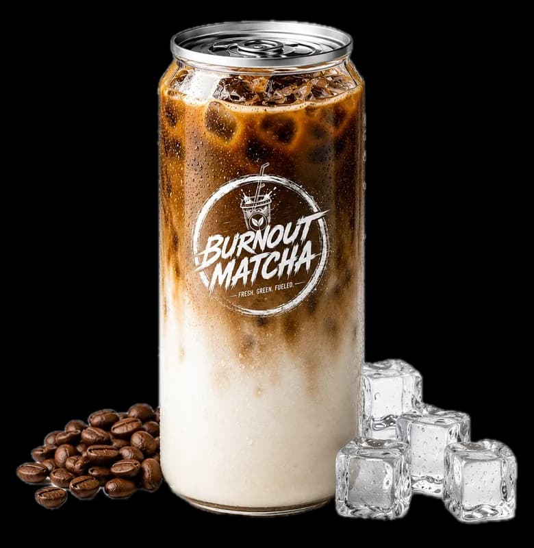 Dose Iced Coffee mit Eiswürfeln und Kaffeebohnen
