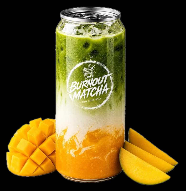 Dose Mango Matcha Latte mit aufgeschnittener Mango