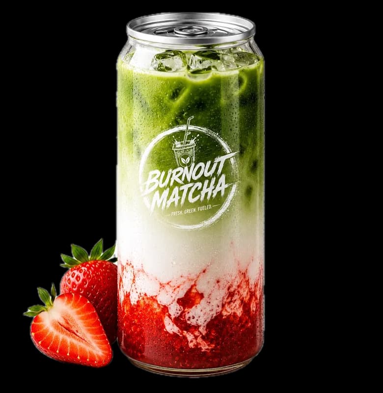 Dose Strawberry Matcha Latte mit frischen Erdbeeren
