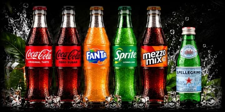 Glasflaschen Coca-Cola, Coca-Cola Zero, Fanta, Sprite, Mezzo Mix und San Pellegrino